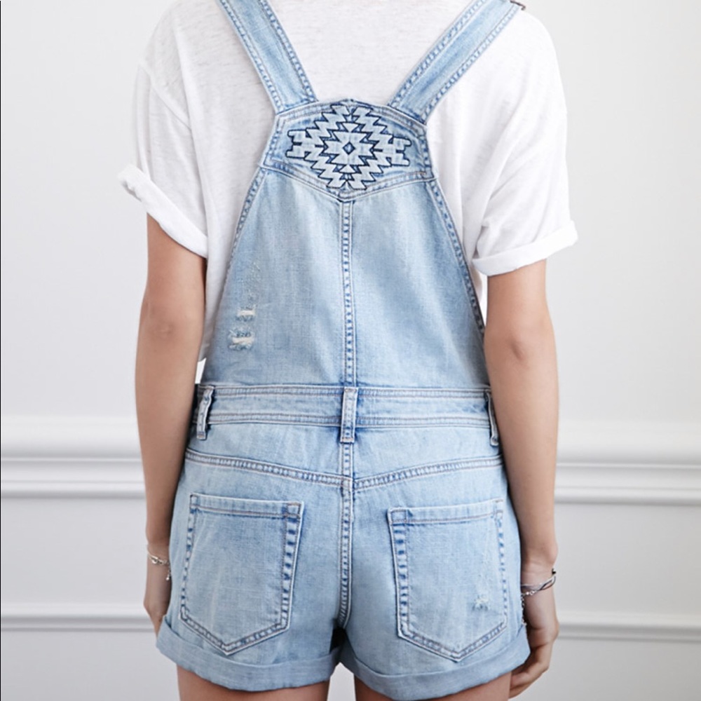 Forever 21 Embroidered distressed denim overalls